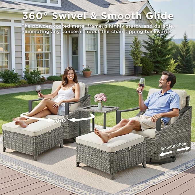 5 Pieces Patio Furniture Set - High Back Outdoor Swivel Rocker Chairs with Thick Cushions 2 Ottoman and Side Table, Wicker Patio Conversation Sets for Porch Deck Garden Backyard Gray/Beige