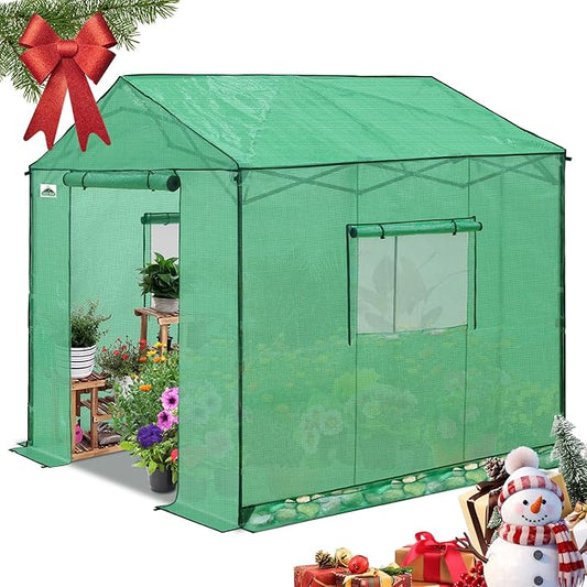 EAGLE PEAK 8x8 Portable Pop Up Greenhouse, Patented Center Lock Easy One Person Setup, Walk-in Outdoor Greenhouse with Gable Roof, Weight Bags, Zippered Doors & Windows, Green