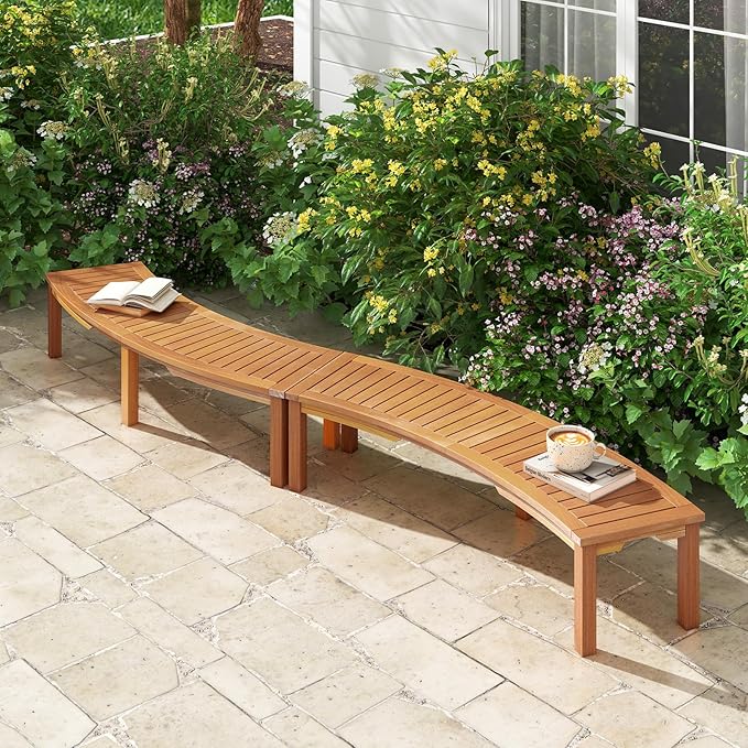 RELAX4LIFE Wooden Outdoor Curved Bench - Acacia Wood Garden Bench w/Slatted Seat, 2-Person Outside Backless Seating for Porch Backyard Deck Park, 800 LBS Load Capacity, Patio Fire Pit Bench (2, 58'')