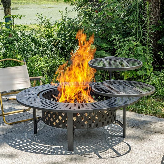 47 Inch Fire Pit with 2 Grills, Wood Burning Fire Pits for Outside with Lid & Poker, BBQ& Outdoor Firepit & Round Metal Table 3 in 1 for Patio, Picnic, Party