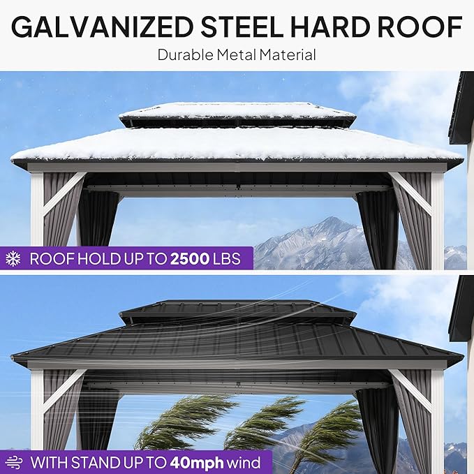 PURPLE LEAF 8' X 12' Hardtop Gazebo Metal Double Roof White Aluminum Frame Outdoor Heavy Duty Gazebo with Curtain and Netting for Patio Garden and Backyard, Grey