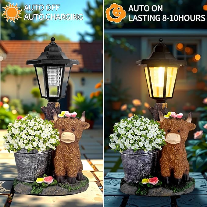 YEPOTUE Solar Highland Cow Outdoor Statues, Garden Sculptures with Flowerpot Decor & Solar Lantern for Yard Art Lawn Ornaments Porch Patio Balcony - Birthday Gifts for Women Mom