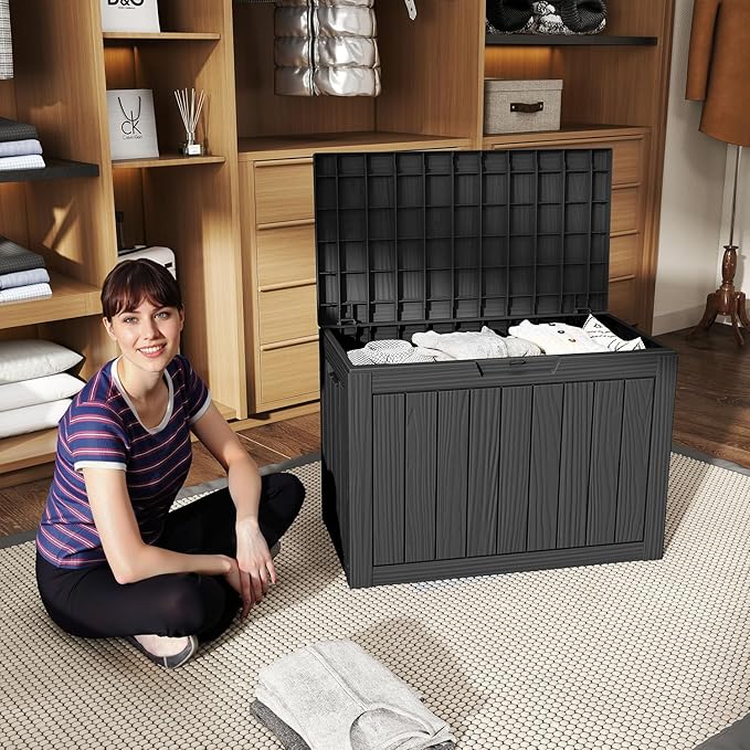 45 Gallon Outdoor Storage Box Waterproof,Outside Delivery Package Deck Box with Lockable Lid,Poolside Storage Bin for Garden Tools,Patio Cushion,Black