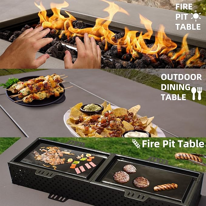 48'' Rectangular Propane Fire Pit Table, 3-in-1 50,000BTU Firepit Table with Griddle for Outside Patio, Backyard Decor, Grey