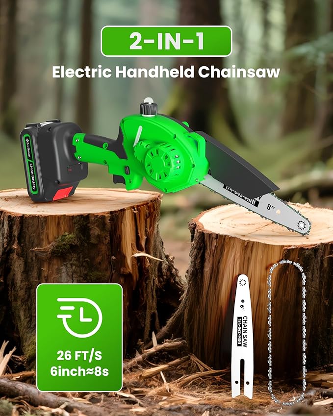 Mini Chainsaw Electric Cordless: 8 Inch & 6 Inch Brushless Chain Saw with 2 Pack Rechargeable Batteries, Battery Powered Handheld Saw for Trees Trimming Wood Cutting, Perfect Gardening Tools for Men