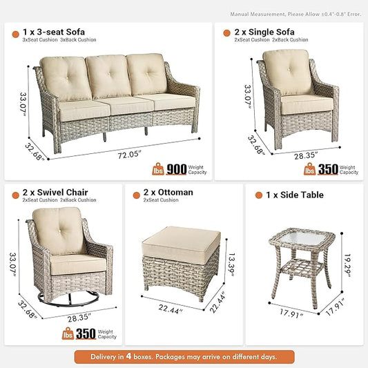 8 Pieces Patio Outdoor Furniture Set with Swivel Rocking Chairs,All Weather Wicker Rattan Patio Seating Sofa and Chair Set w/Ottoman,Outdoor Conversation Sets for Deck Yard Garden,Beige
