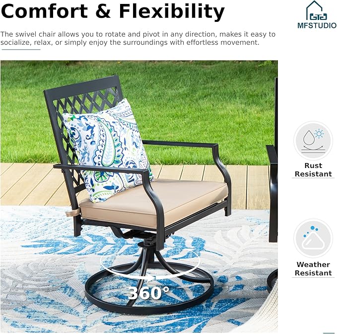 MFSTUDIO Outdoor Dining Set for 6, Patio Table and Chairs Set with Umbrella Hole, 7 Piece Outdoor Patio Furniture Set with 1 Metal Table 4 Stackable Chairs and 2 Swivel Chairs