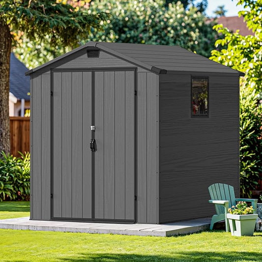 Devoko 6x6 FT Plastic Outdoor Storage Shed - Lockable Resin Tool Shed with Window & Floor - Easy Assembly for Garden, Backyard, Deep Gray