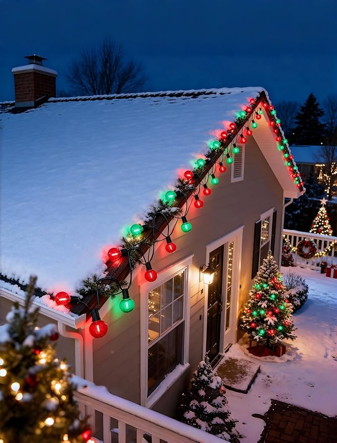 Pallerina 50Ft Clear Red and Green Outdoor LED Lights,G40 Globe Patio Christmas String Lights with 25 Colorful Bulbs(2 Spare),Outside Christmas Hanging Lights for Christmas Tree Roofline Holiday Party