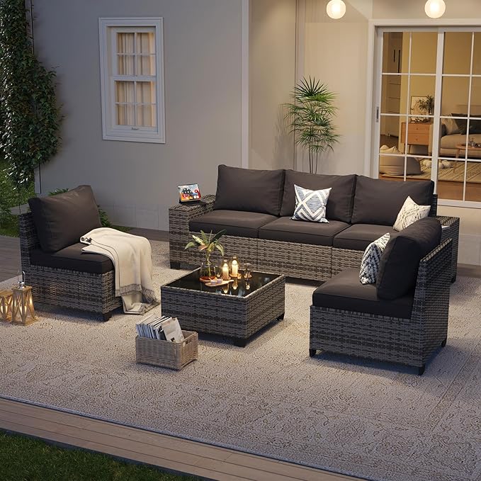 Aoxun Patio Furniture Set, 6 Pcs Outdoor Patio Furniture Sets with 4in Thicken Cushion, Widen Armrests Wicker Outdoor Sectional for Backyard (Include Waterproof Cover)