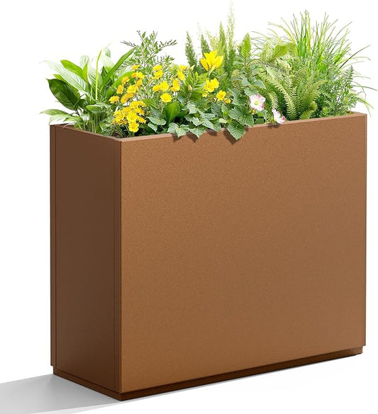 Metal Planter Box Rectangular Planter Box with Drainage Hole, Outdoor Large Planters, All-Weather Use, Rust-Resistance, for Flowers Plants, 29.9" L × 12" W × 24" H, Brown