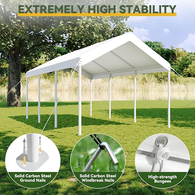 Aoxun 10x20 FT Premium Heavy Duty Carport with Tarp & Wind Resistance Portable Carport Car Tent Outdoor Car Port with Tear Resistant Canopy, No Sidewall - Milky White
