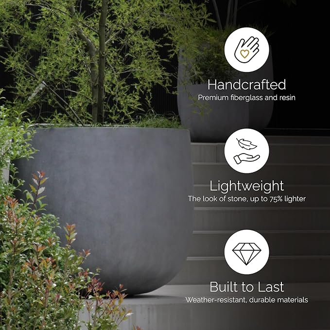 Mondo Large Planter – Brown Stone Finish – Fiberglass Indoor/Outdoor and Weather-Resistant Round Planter (26" D x 24" H Exterior, 24.6" D x 24" H Interior)
