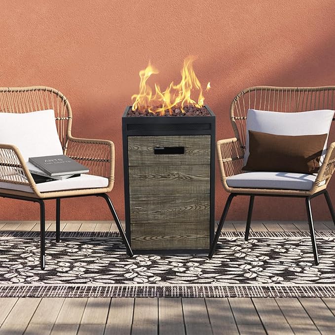 Afterglow Terrafab Grey Panels with Steel Frame 16" Square 40,000 Btu Propane Fire Column Outdoor Wood Effect Fire Pit for Outdoor Patio Garden Backyard Decking Decor CSA Certificated