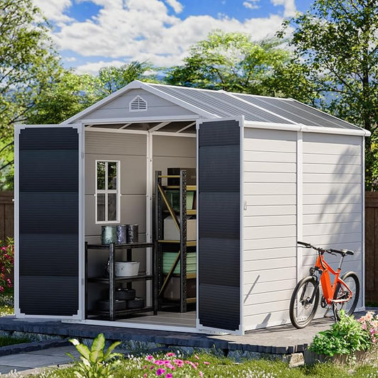 HUSFU 8x6 FT Outdoor Storage Shed with Floor and Lockable Door,Waterproof Resin Tool Shed for Garden, Backyard, Patio,Perfect to Store Patio Furniture,Light Grey