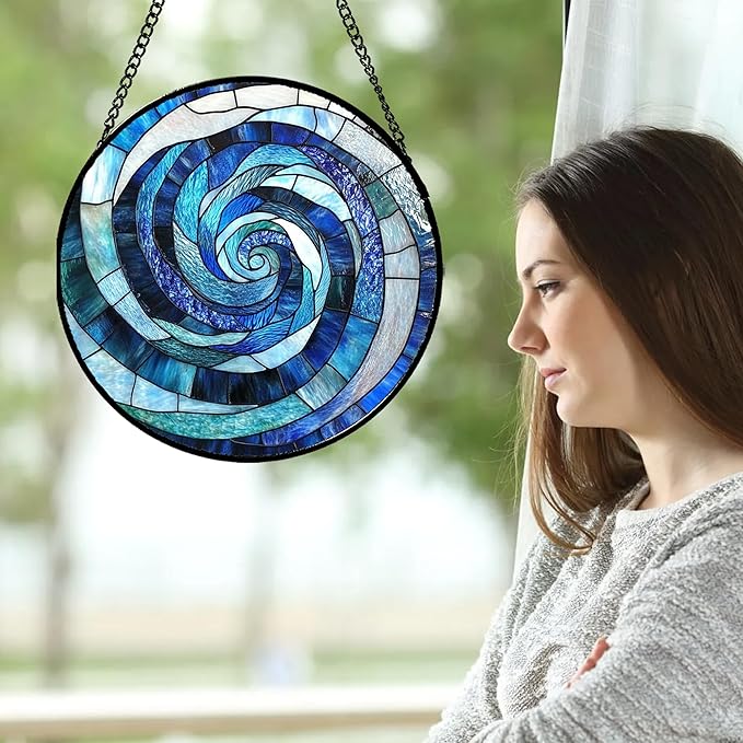 CRISGIF Stained Glass Window Hanging - Blue Abstract Swirl Suncatcher for Doors Garden Patio Unique Sun Catchers Decor Christmas Mother's Day Birthday Gifts for Women Men Mom Nana Friend 6.3 in