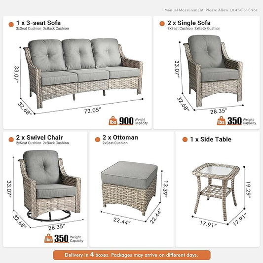 8 Pieces Patio Outdoor Furniture Set with Swivel Rocking Chairs,All Weather Wicker Rattan Patio Seating Sofa and Chair Set w/Ottoman,Outdoor Conversation Sets for Deck Yard Garden,Dark Grey