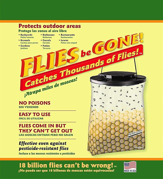 Flies Be Gone Fly Trap - Disposable Non Toxic Fly Catcher - Made in USA - Natural Bait Trap for Patios, Ranches. Easy to Use Outdoor, Keeps Flies from Coming Indoors