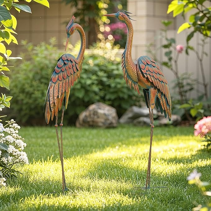 Ultym 44.8" Tall Extra Large Metal Crane Decor, Handcrafted Distressed Bronze Heron Sculpture with 4-Piece Secure Ground Stakes, Vintage Charm Outdoor Garden Statue Yard Art for Patio & Backyard Decor