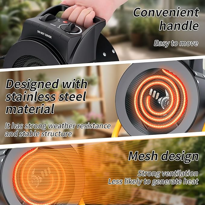 Greenhouse Heater with Digital Thermostat, 1500W Electric Outdoor Heater, Overheat Protection, Fast Heating, Waterproof for Grow Tent, Green House, Patio, Black