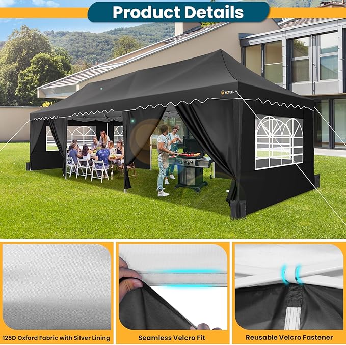 HOTEEL Party Tent 10x30 Pop Up Canopy with 8 Sidewalls, Waterproof UPF50+ for Backyard and Events, Easy Setup with Wheeled Bag & 4 Weight Bags, Extra Height, Black