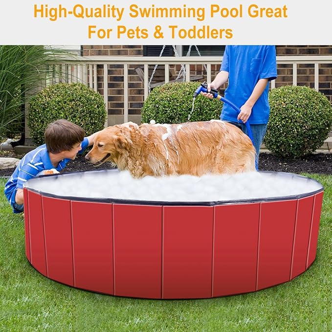 Foldable Pet Swimming Pool - Large 63" PVC Kiddie Dog Pool Bathing Tub for Dogs Cats Kids Portable Summer Outdoor Water Playmat Non-Slip Bottom Easy Drain (Red)