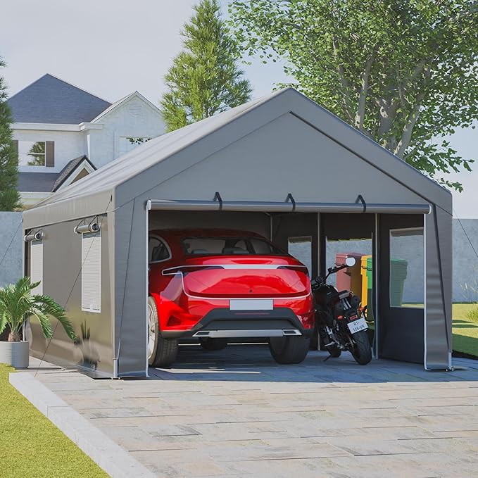 13x20 FT Canopy with 2 Roll-Up Doors,Waterproof Party Tent w/Steel Frame & Ventilation Windows,Carport & Storage Shelter for Vehicle,Car,Grey