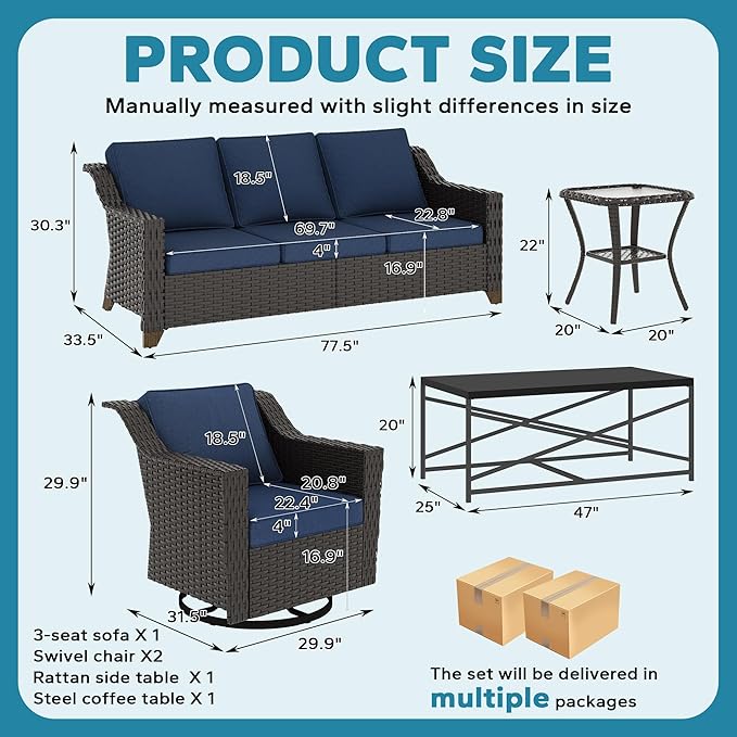 5 Pieces Outdoor Conversation Furniture Set - 77" Patio Sofa, 2 Swivel Rocker Chairs, 1 Side Table, 1 Metal Table, Patio Wicker Couch Set with Washable Cushions for Porch (Navy Blue)
