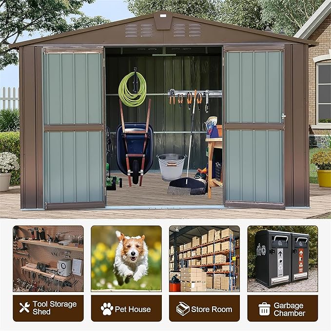 10x8ft Outdoor Storage Shed, Galvanized Steel Garden Shed with Gable Roof, Lockable Double Doors and 32 Vents, Large Bike and Tool Storage for Backyard Lawn