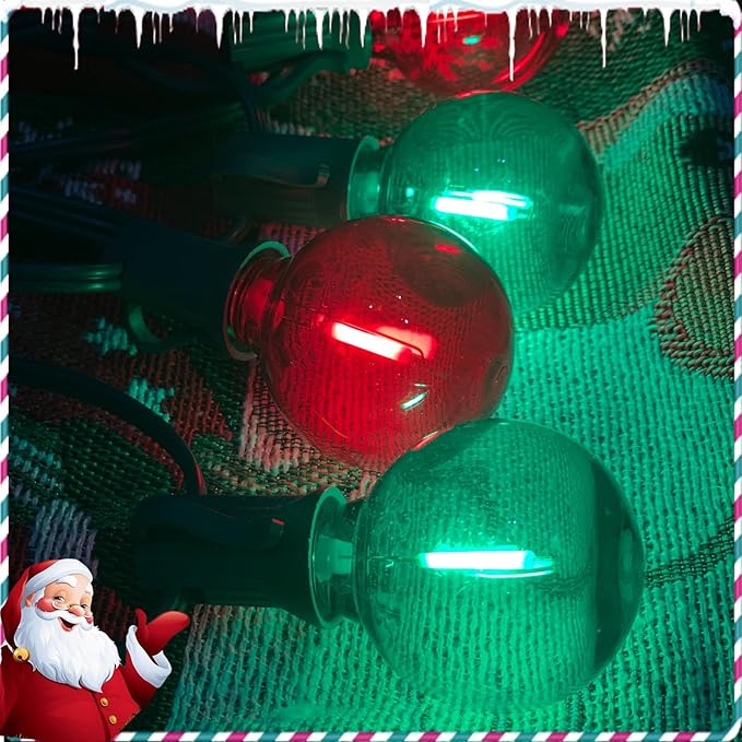 Pallerina 50Ft Clear Red and Green Outdoor LED Lights,G40 Globe Patio Christmas String Lights with 25 Colorful Bulbs(2 Spare),Outside Christmas Hanging Lights for Christmas Tree Roofline Holiday Party