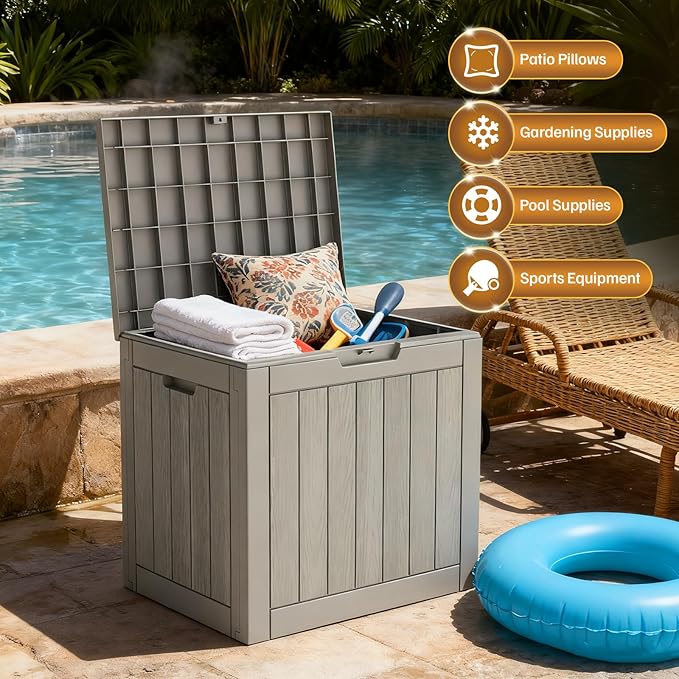31 Gallon Deck Box, Small Outdoor Storage Box Waterproof, Outside Resin Storage Bin for Outdoor Patio Furniture Pillow, Pool Supply, Garden Tool, UV-Resistant and Weatherproof, Light Brown