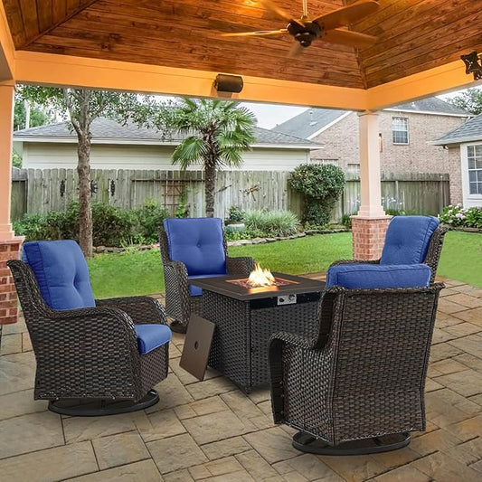 Belord 5 Pieces Patio Wicker Furniture Set - 4 Outdoor Swivel Rocker Glider Chairs with Propane Fire Pit Table, Warm Patio Conversation Set Blue Cushion Perfect for Casual Gathering