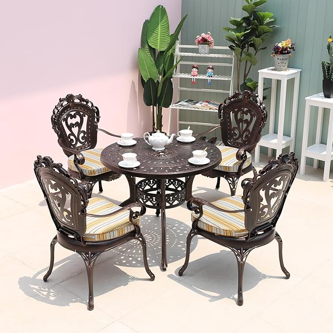 FAPOLITE Outdoor Table Cast Aluminum Round Patio Table with Umbrella Hole All Weather Outdoor Dining Tables for Lawn Garden Backyard (90cm Round Tables with Slanted Lattice)