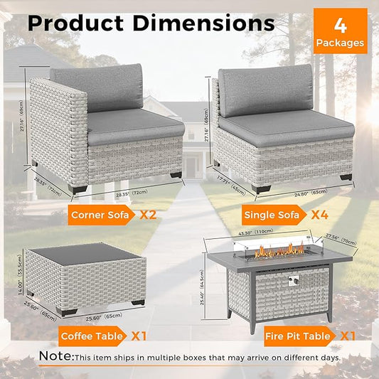 6-Seat Modern Outdoor Wicker Rattan Patio Furniture Set with 55,000 BTU Fire Pit Table, Thick 4″ Cushions, All-Weather Dual-Strand Rattan, Rust-Resistant Steel Frame,Gray