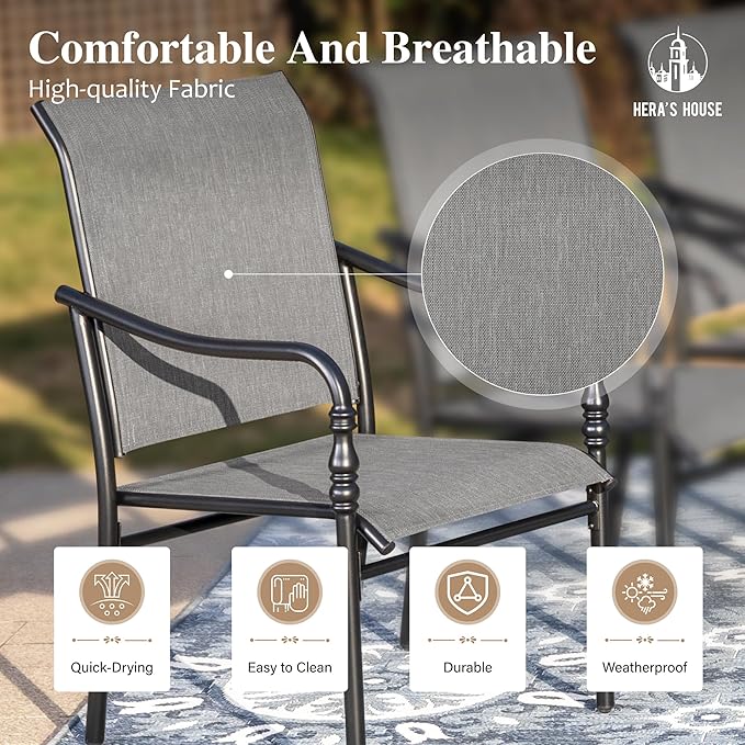 HERA'S HOUSE Patio Table and Chairs for 6, Outdoor Dining Set 7 Pieces, 67" Rectangle Metal Table with Elegant Armrest Chairs for Garden Backyard