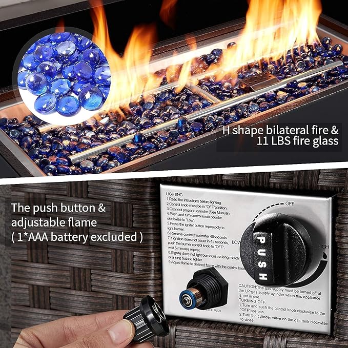 U-MAX 44in Outdoor Propane Gas Fire Pit Table, 50,000 BTU Auto-Ignition Gas Firepit with Glass Wind Guard, Black Tempered Glass Tabletop & Blue Glass Rock, Brown PE Rattan, CSA Certification