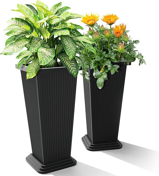 24" Tall Planters for Outdoor Plants, Set of 2 Large Outdoor Planters for Front Porch Decor with Drainage Hole, Front Porch Decor (Stripes-Black)