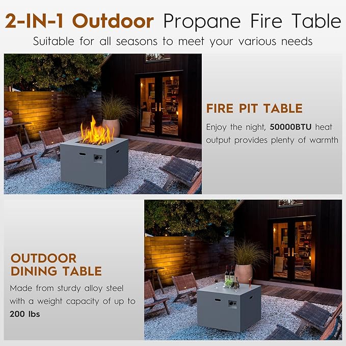 32 Inch Outdoor Fire Pit Table, 50,000 BTU Square Propane Fire Pit with Lid, Lava Rocks, Weatherproof Cover, Alloy Steel Gas Fire Pits for Outside Patio, CSA Certified, Gray