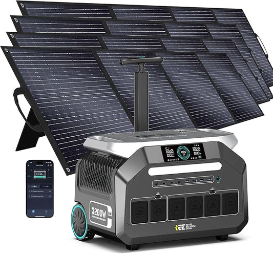 IEE P3200 3200W Solar Generator with 4x200W Panels included, 2048Wh Power Station with 4*3200W AC Outlets (6400W Peak), 1800W Fast Charging, APP Control Emergency Power Station for Home, Camping & RVs