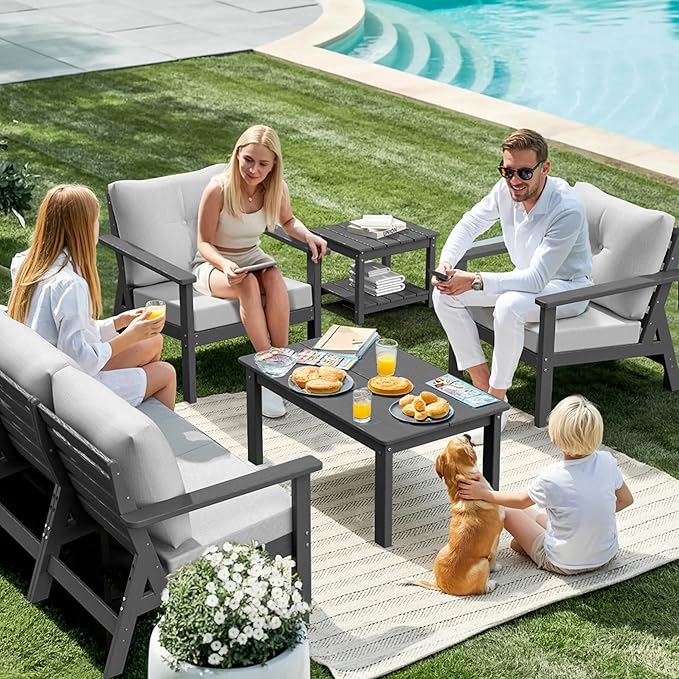 7-Piece HDPE Patio Furniture Set, All Weather Outdoor Couch with Thick Cushions, Wood Grain Outdoor Sectional with 2 Elegant Coffee Table, Durable Patio Conversation Sets for Balcony, Porch, Gray