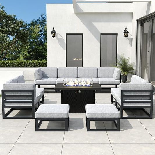 11 Pieces Aluminum Patio Furniture Set with Propane Gas 44" Fire Pit Table, Metal Outdoor Conversation Sofa Set with Seating Cushions