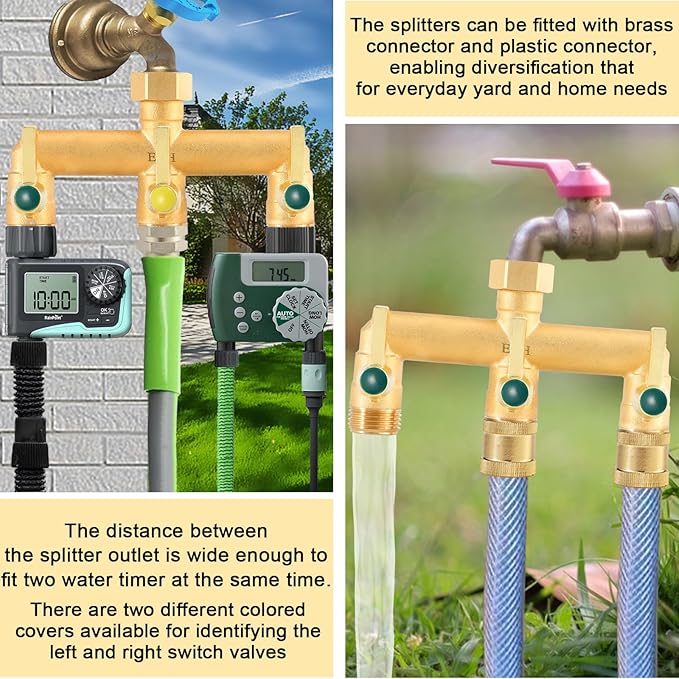 EBH Brass Garden Hose Splitter, 3 Way High Flow Outdoor Faucet Splitter,Full Flow 3-Way Brass Heavy Duty Hose Splitter With 3 Long Metal Handle and Individual On/Off Valve。