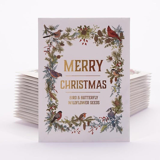Bentley Seeds Co. Merry Christmas Wreath of Birds Holiday/Christmas Gift Tags | Non-GMO, Non Coated Bird & Butterfly Pollinator Wildflower Seed Mix | 25 Seed Packets