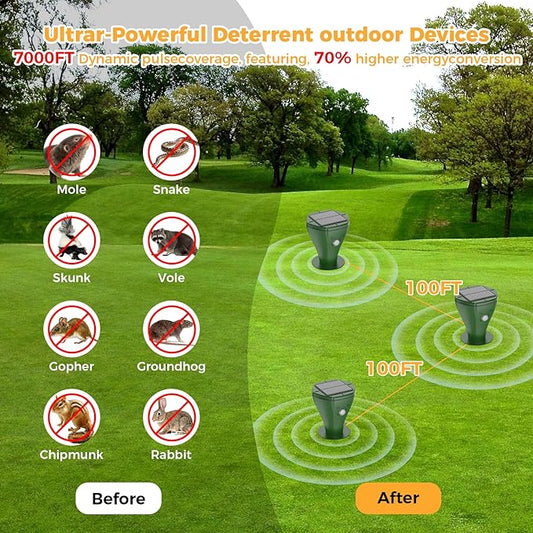 4 Pack Mole Repellent Solar Powered, Snake & Skunk & Vole & Gopher & Armadillo & Rabbit & Groundhog & Chipmunk Repellent for Yard, IP 65 Waterproof Outdoor Ultrasonic Deterrent for Lawns Garden