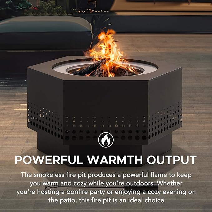 Sunjoy 28 in Smokeless Fire Pit with Removable Ash Pan, Outdoor Portable Wood Burning Fireplace with PVC Cover and Fire Poker,Ideal for Camping, Bonfire, and Backyard, Black