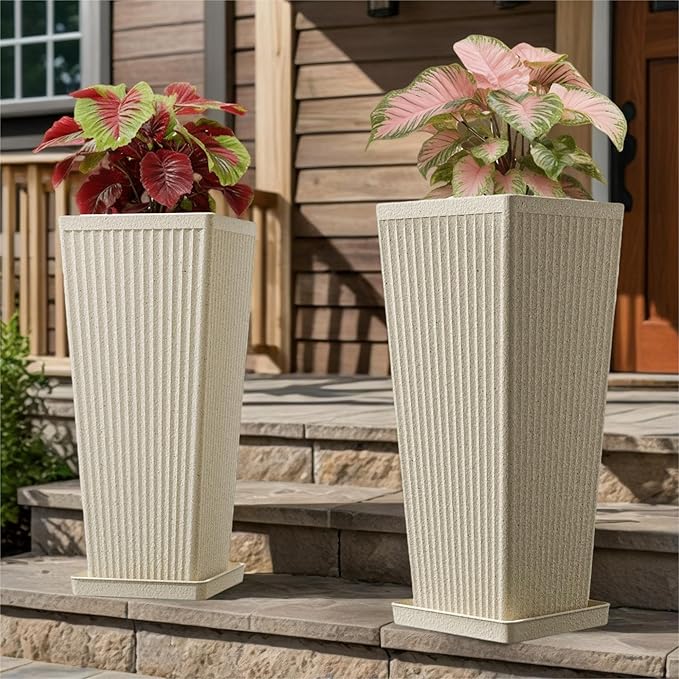 Tapered Tall Planters for Outdoor Plants 2 Pack- 23.6 Inch Heavy-Duty Classic Square Indoor Flower Pots with Drainage Holes/Partition/Tray, Large Outdoor Planters for Porch Patio, Beige
