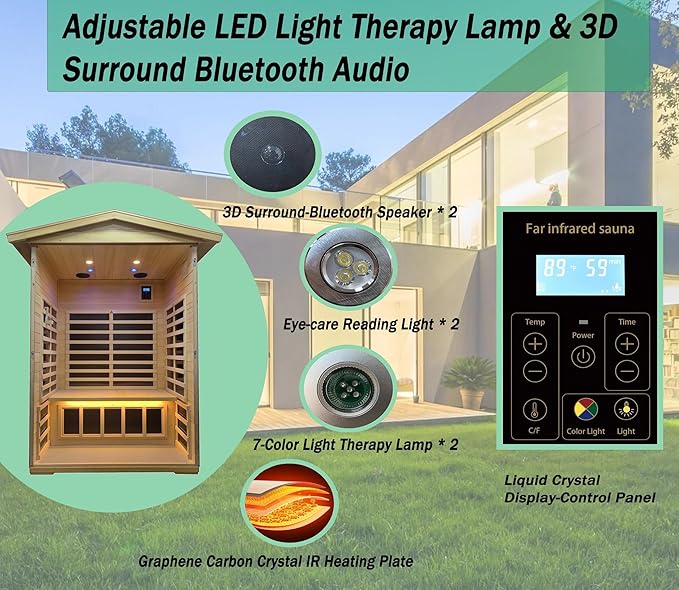 LTCCDSS Outdoor Basswood Sauna 2 Person | Far Infrared Sauna, Withstand Outdoor Temp -5℉-104℉| Low EMF Sauna Room for Home-9 Low EMF Heaters-Chromotherapys-Bluetooth Speakers