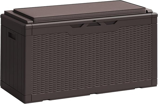 Greesum 100 Gallon Resin Deck Box Large Outdoor Storage Boxes with Cushions for Garden Tools, Patio Furniture Pillows, Pool Supplies, Dark Brown