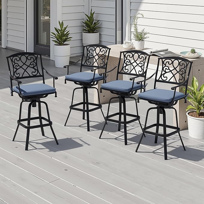 Crestlive Products Outdoor Bar Stools with Sunbrella Cushion Set of 4, 360° Swivel Patio Bar Height Chairs, All Weather Commercial Grade Furniture, Antique Brown Finish for Outside (Denim Blue)