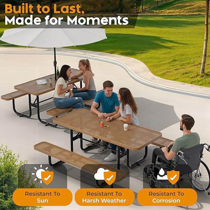 OUTTANS Commercial Heavy-Duty Metal Picnic Table - ADA Compliant, Adjustable Seats, Umbrella Hole (Brown, 6' Rectangular, Punched Steel)
